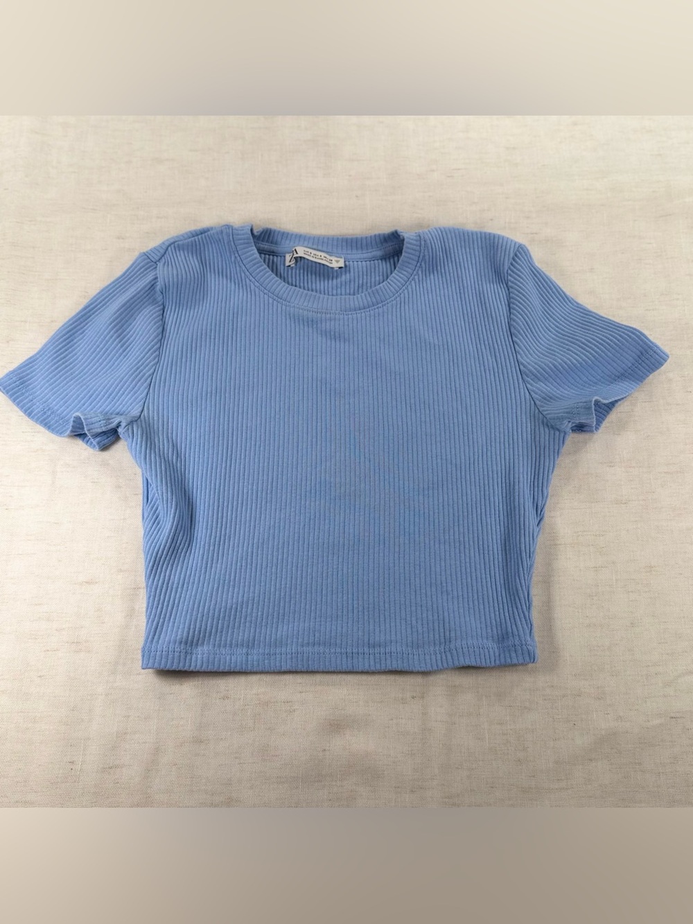 Zara Ribbed Short Sleeve Crop Top in Light Blue